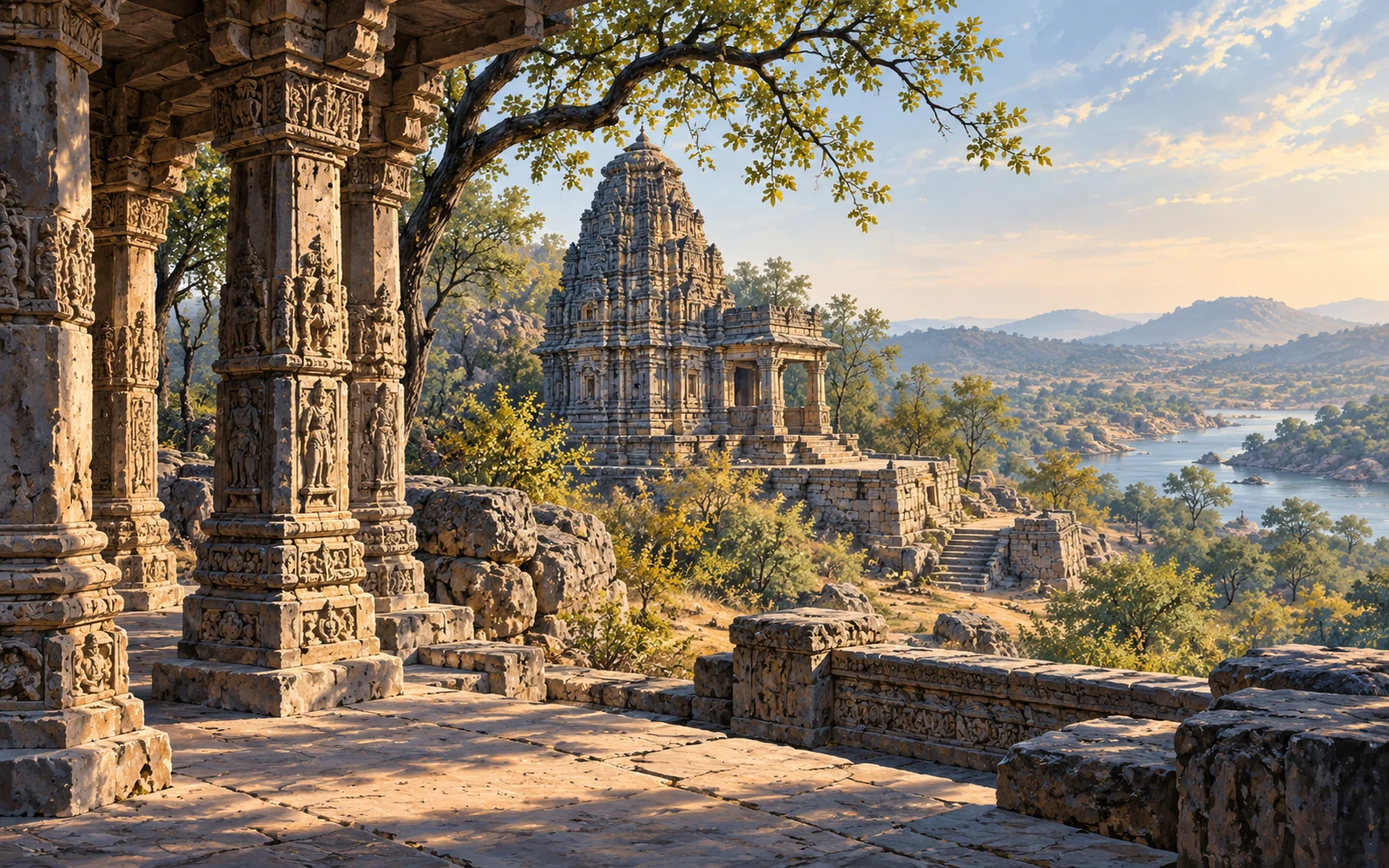 Deogarh-inspired early stone temple-inspired setting and weathered carved pillars in dry woodland illustration