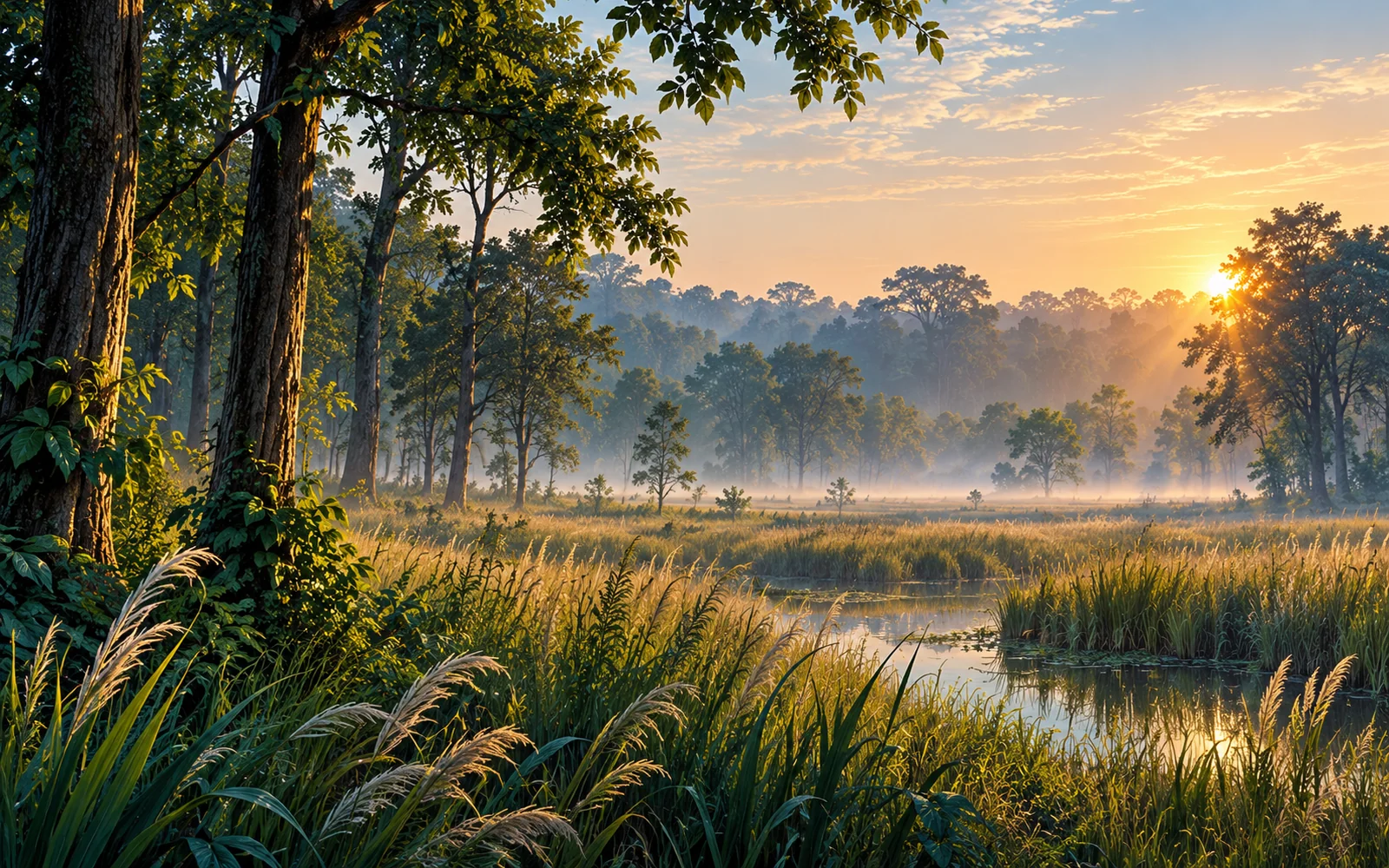 Dudhwa-inspired Terai sal forest and tall grass in soft dawn light illustration