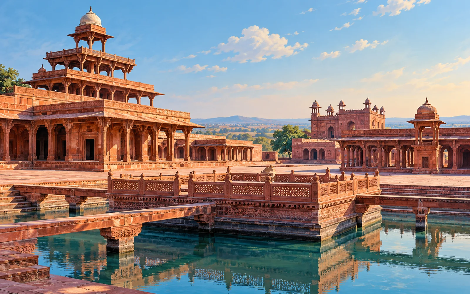 Fatehpur Sikri-inspired red sandstone palace courtyards and low arcaded pavilions illustration