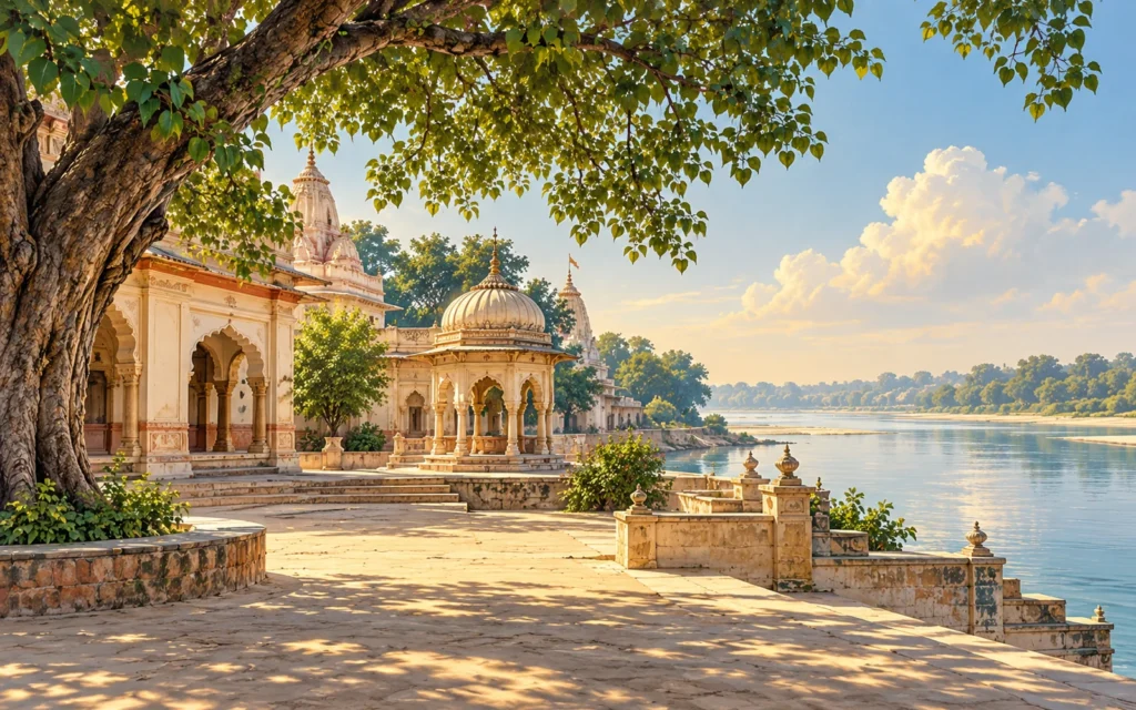Gokul-inspired soft sandy courtyard, shade trees and low Braj temple roofs near the Yamuna illustration