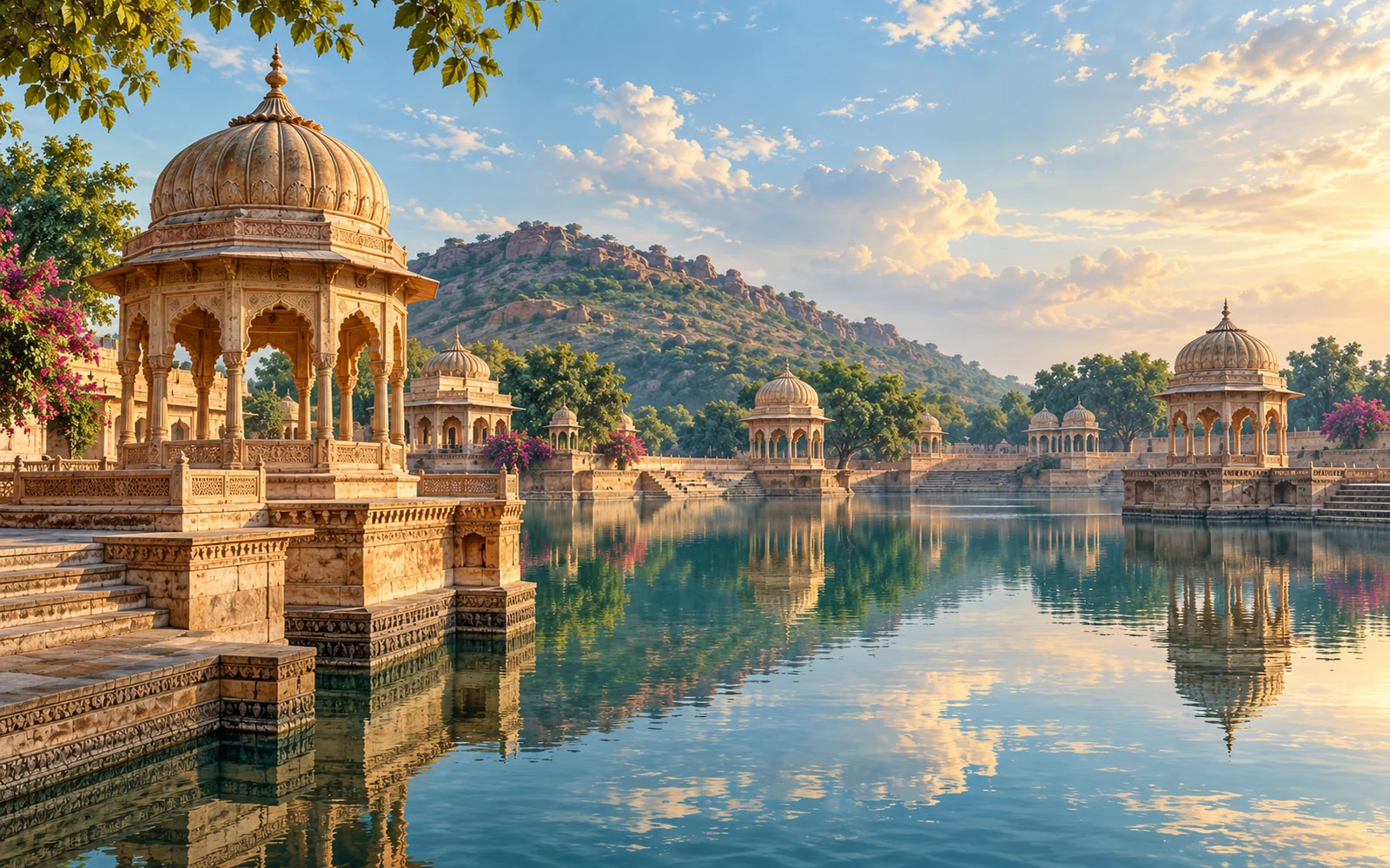 Govardhan-inspired Kusum Sarovar-inspired sandstone chhatris beside still water illustration