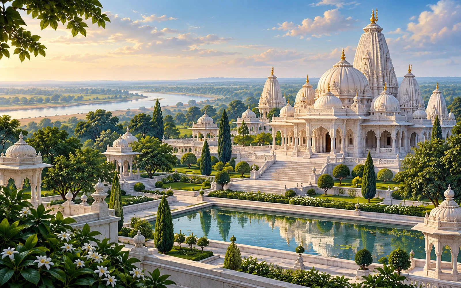 Hastinapur-inspired white Jain-temple-inspired domes amid broad gardens illustration