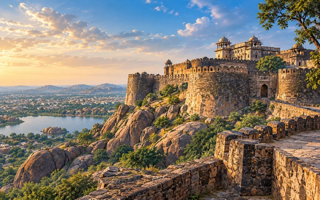 Jhansi-inspired Jhansi-fort-inspired rocky hill ramparts with warm granite textures illustration