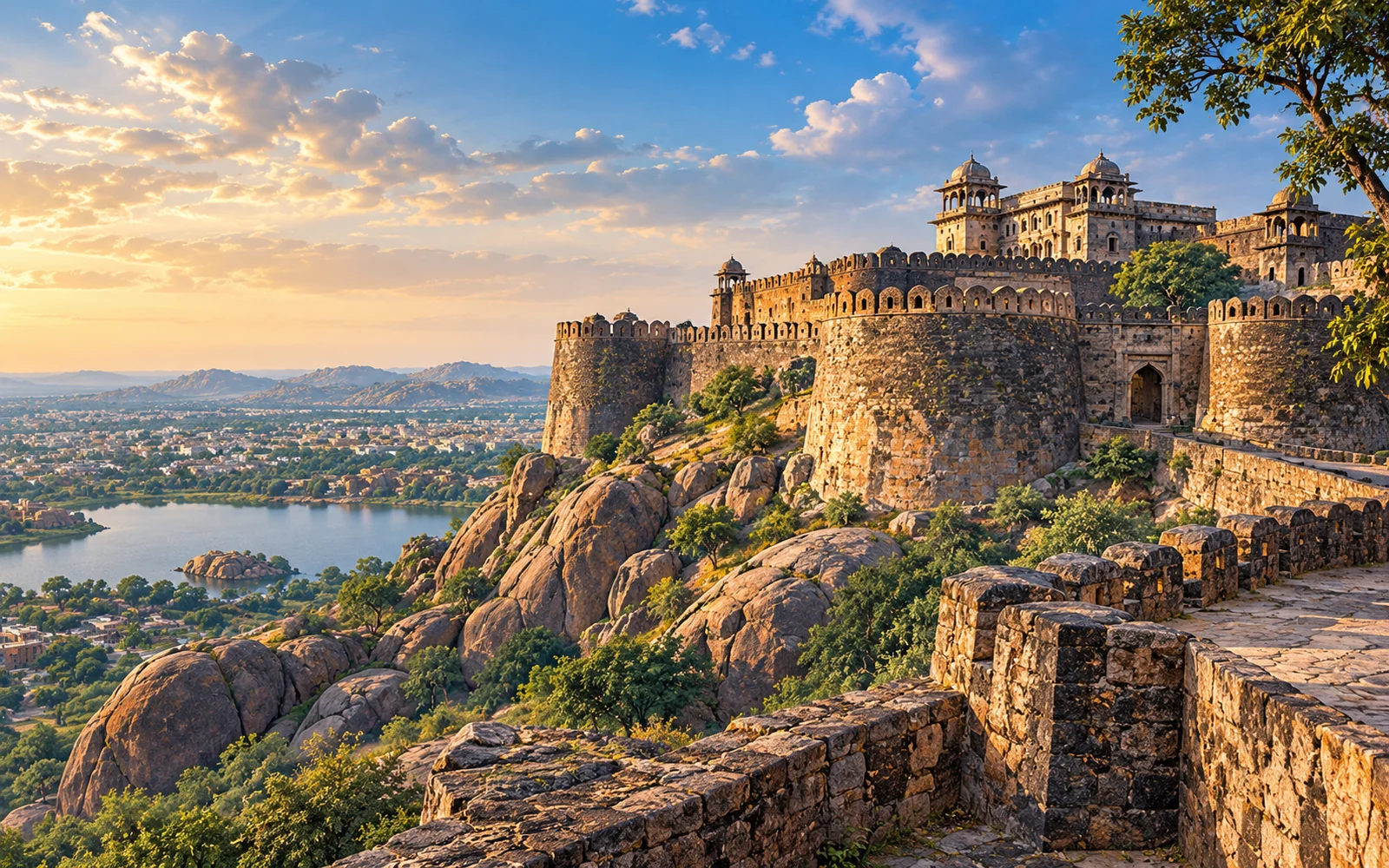 Jhansi-inspired Jhansi-fort-inspired rocky hill ramparts with warm granite textures illustration