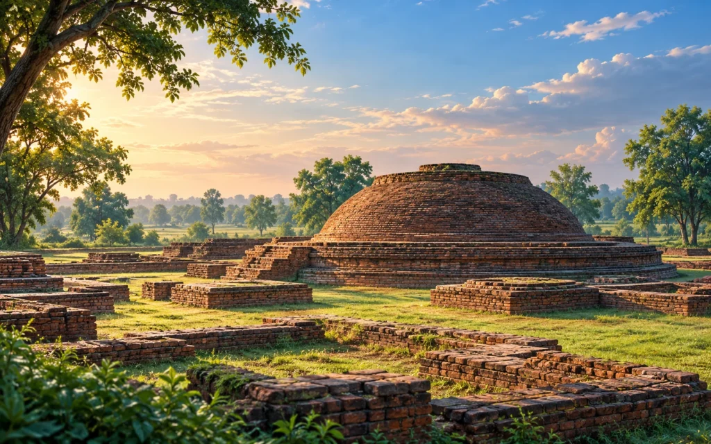 Kapilvastu-inspired Piprahwa-inspired brick stupa remains in a quiet green archaeological landscape illustration