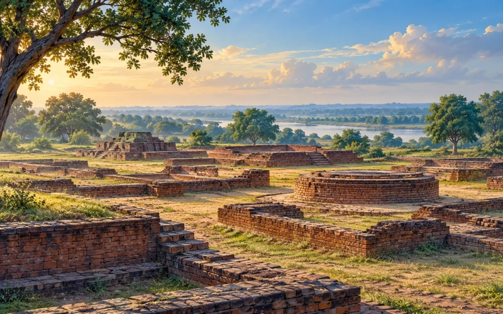 Kaushambi-inspired low ancient brick foundations and a quiet archaeological field under soft light illustration