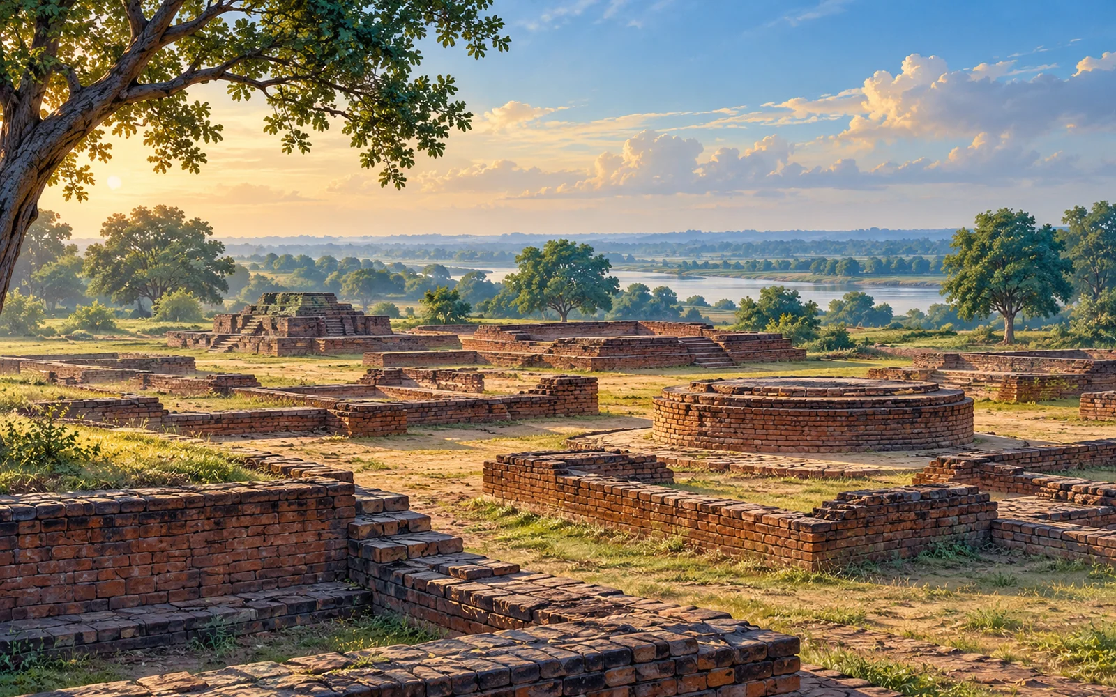 Kaushambi-inspired low ancient brick foundations and a quiet archaeological field under soft light illustration
