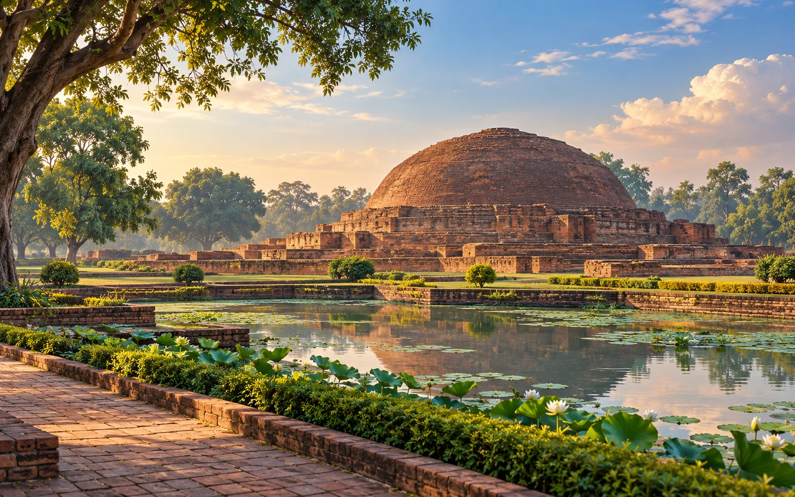 Kushinagar-inspired quiet brick stupa-inspired mound and Buddhist garden setting illustration