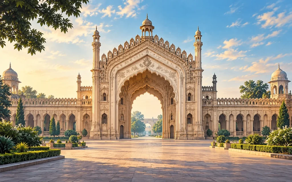 Lucknow-inspired Rumi Darwaza-inspired Awadhi gateway with pale sandstone and quiet foreground illustration