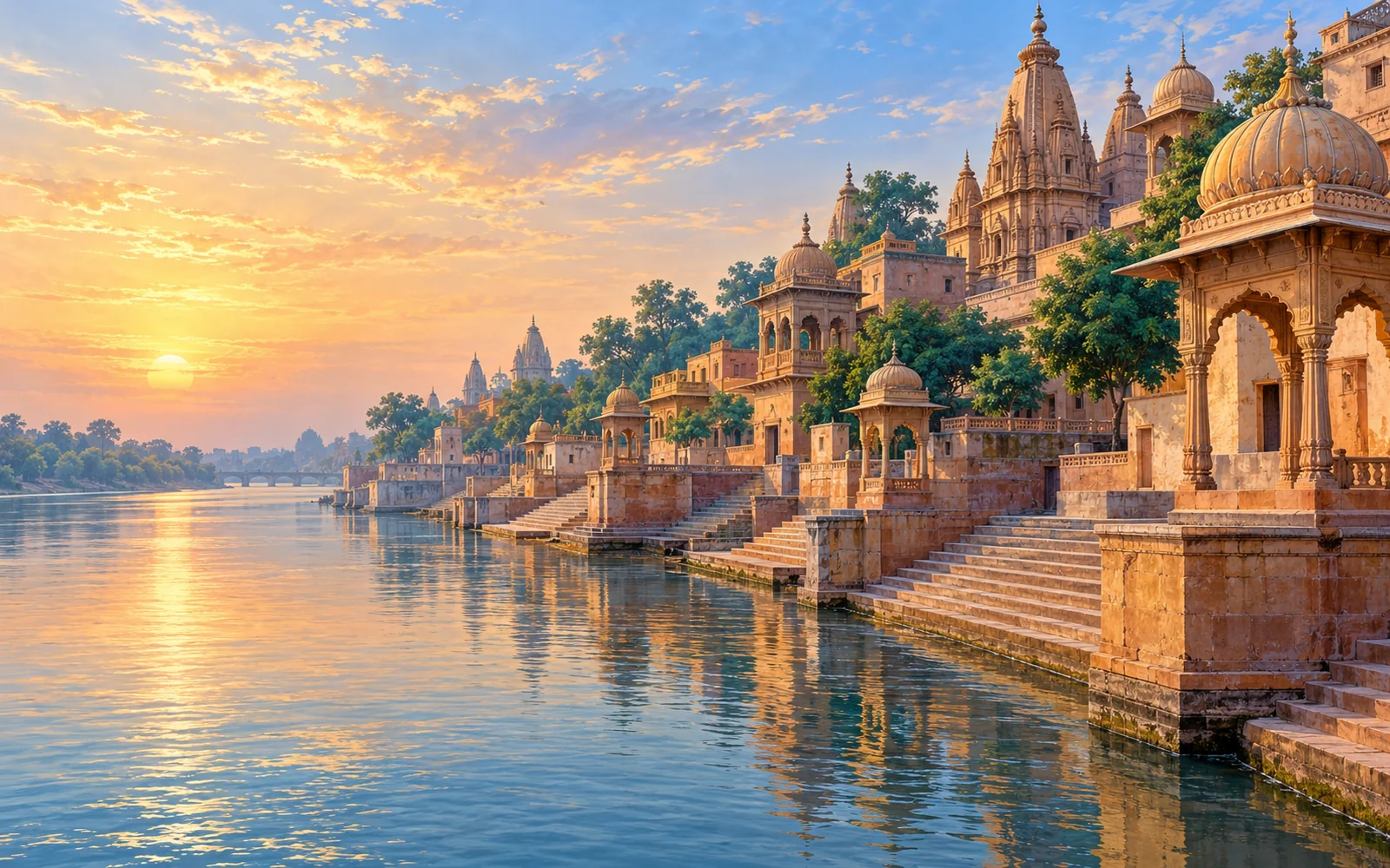Mathura-inspired quiet Yamuna ghat steps and warm sandstone temple roofs illustration