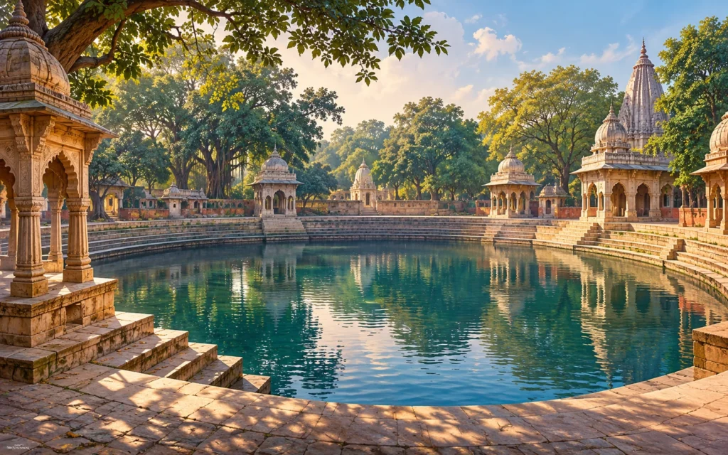 Naimisharanya-inspired circular sacred-water-pool-inspired setting with low temple pavilions and shade trees illustration