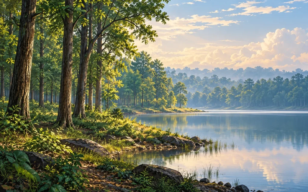 Pilibhit-inspired Pilibhit-inspired sal woodland meeting a quiet reservoir edge illustration