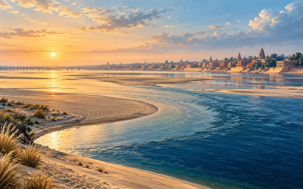 Prayagraj-inspired broad confluence-inspired river landscape with sandy banks and distant city silhouettes illustration