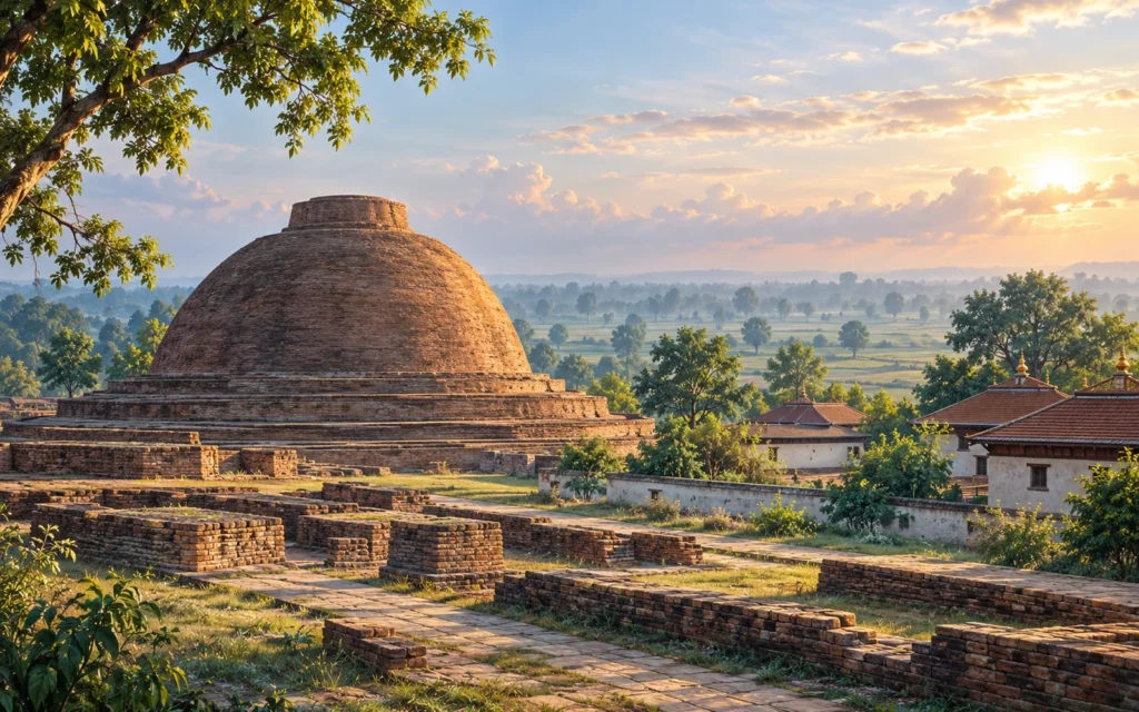 Sankisa-inspired rural Buddhist heritage-inspired earthen stupa setting and simple monastery roofs illustration