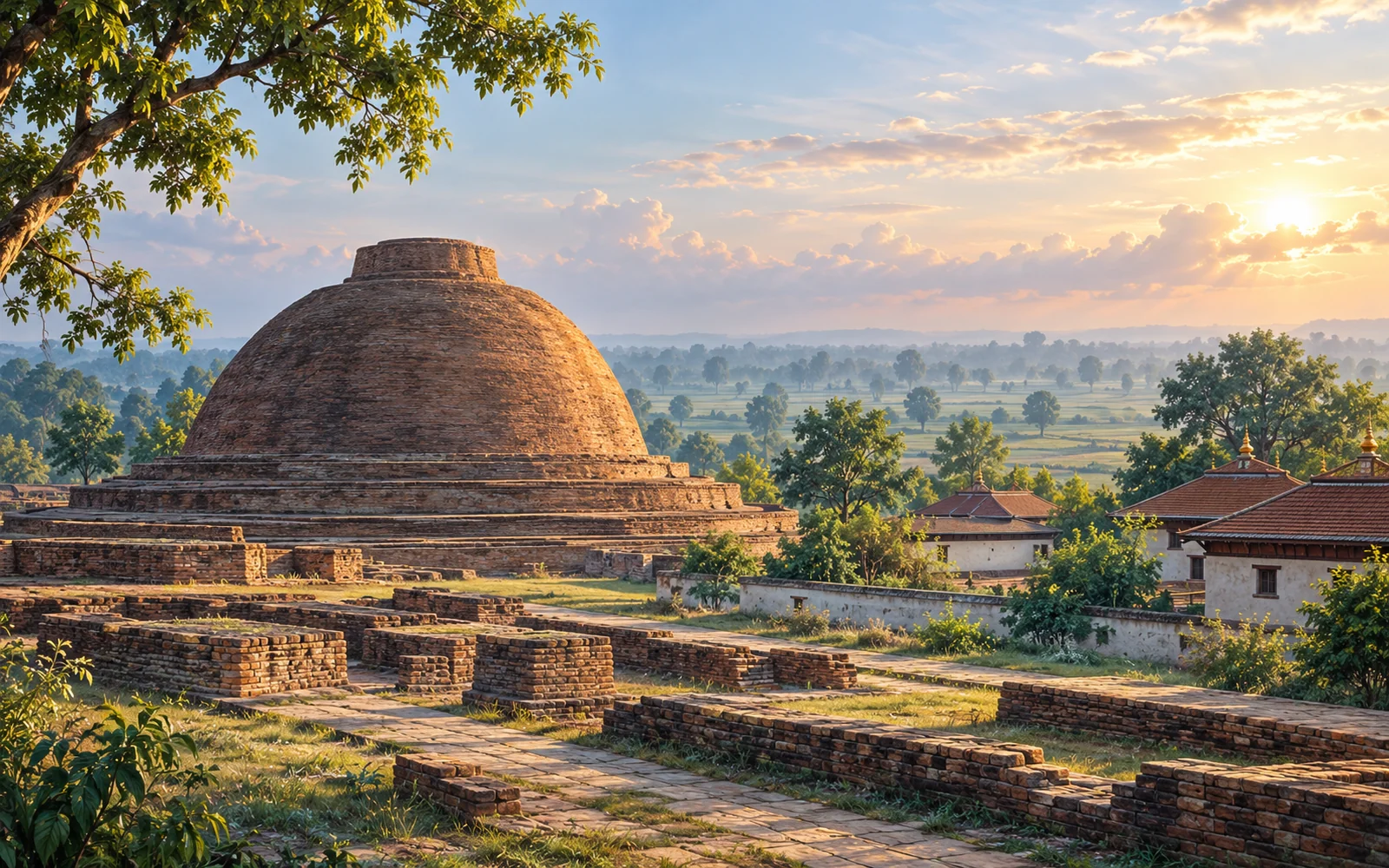 Sankisa-inspired rural Buddhist heritage-inspired earthen stupa setting and simple monastery roofs illustration