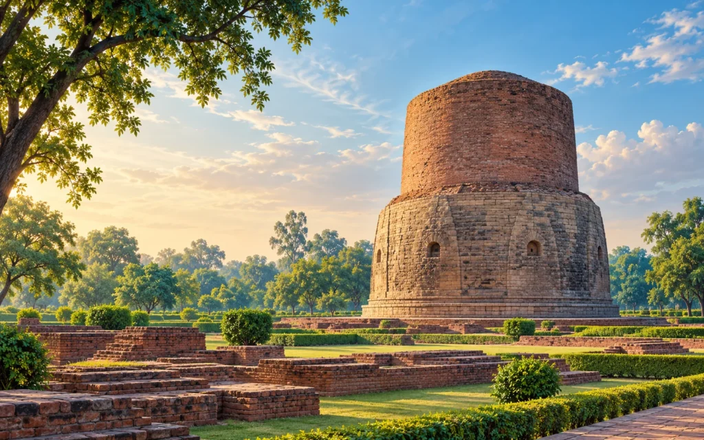 Sarnath-inspired Dhamek Stupa-inspired cylindrical stone and brick monument in open landscaped grounds illustration