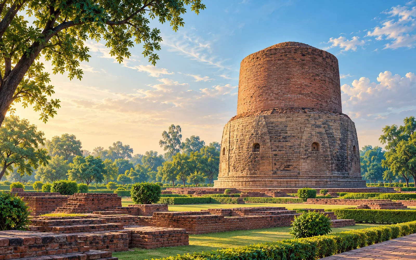 Sarnath-inspired Dhamek Stupa-inspired cylindrical stone and brick monument in open landscaped grounds illustration