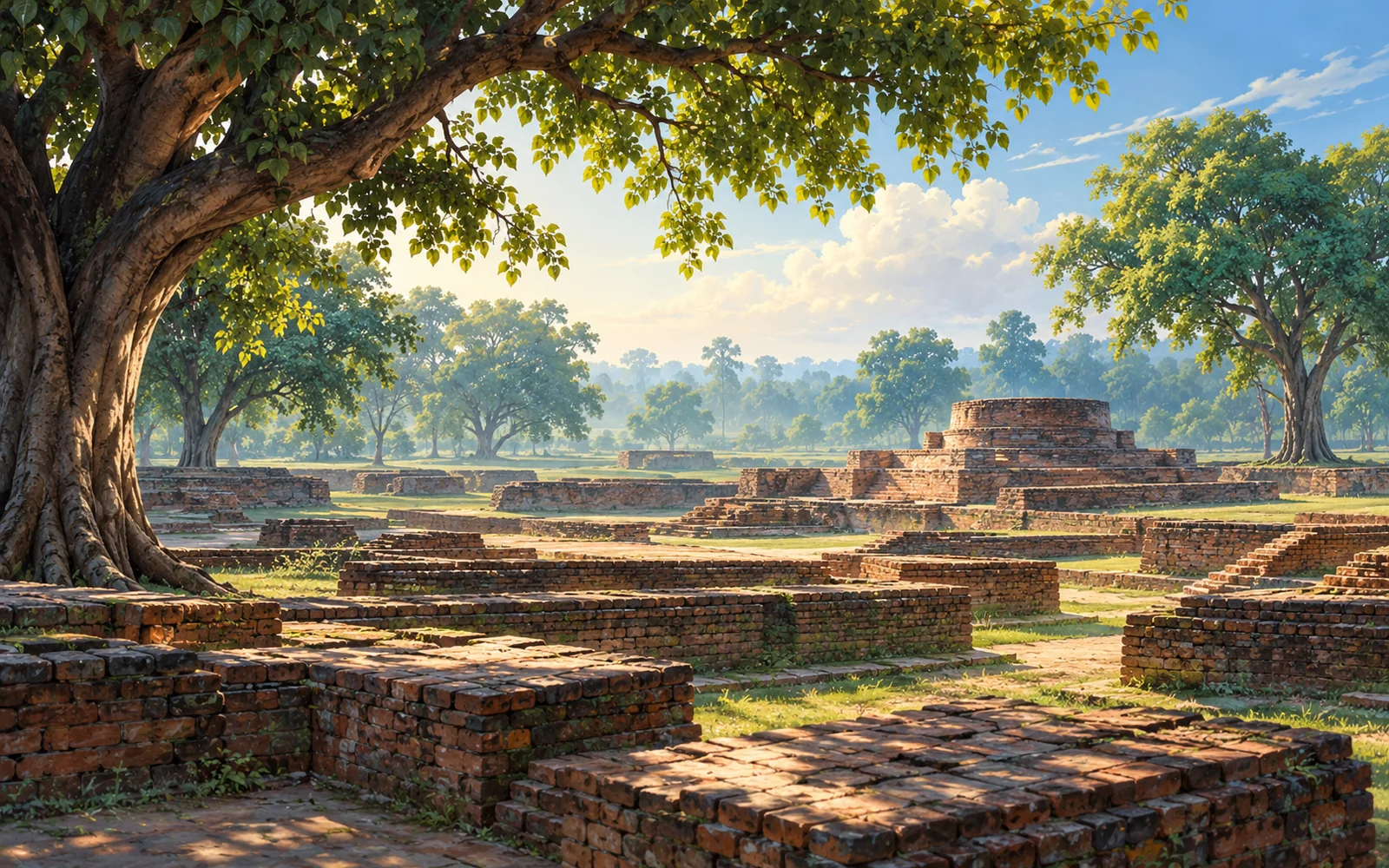 Shravasti-inspired quiet ancient brick monastery foundations beneath broad shade trees illustration