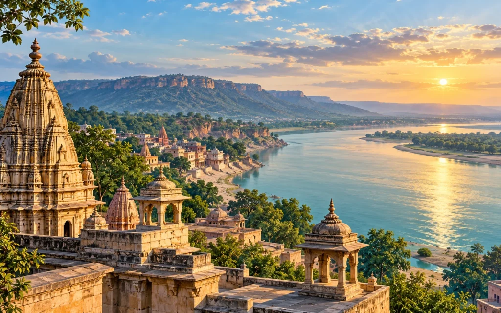 Vindhyachal-inspired Vindhya foothill-inspired temple rooftops and broad Ganga river landscape illustration
