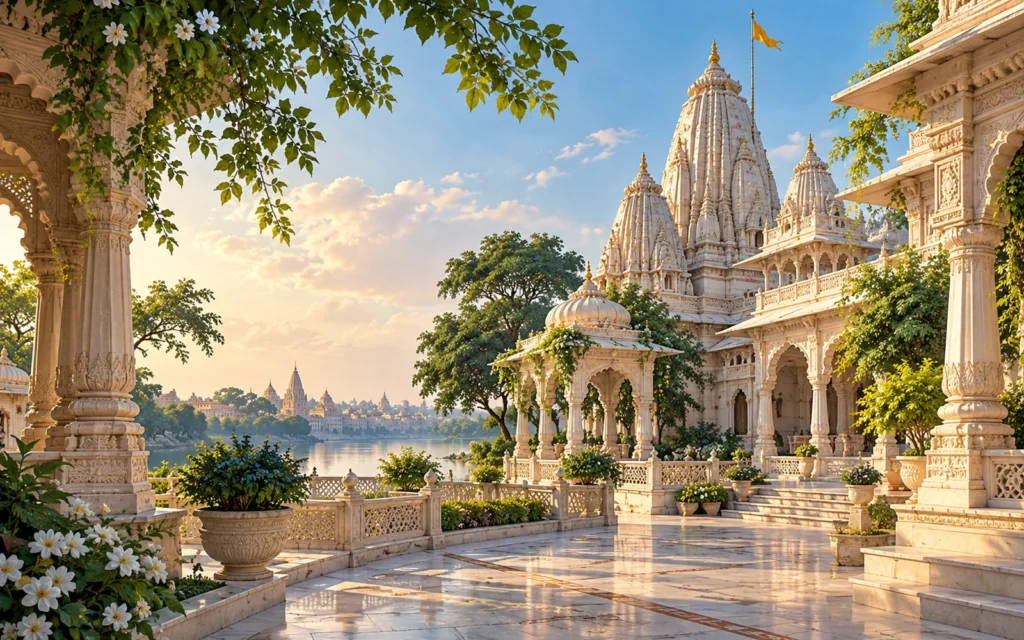 Vrindavan-inspired Vrindavan-inspired temple spires and a tranquil pedestrian courtyard illustration