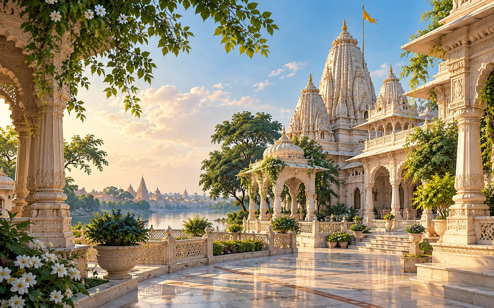 Vrindavan-inspired Vrindavan-inspired temple spires and a tranquil pedestrian courtyard illustration