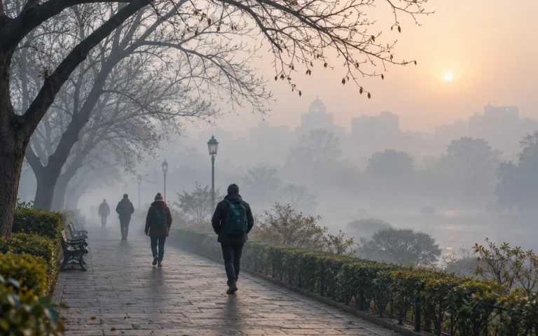 Travellers on a misty winter pathway, atmospheric illustration